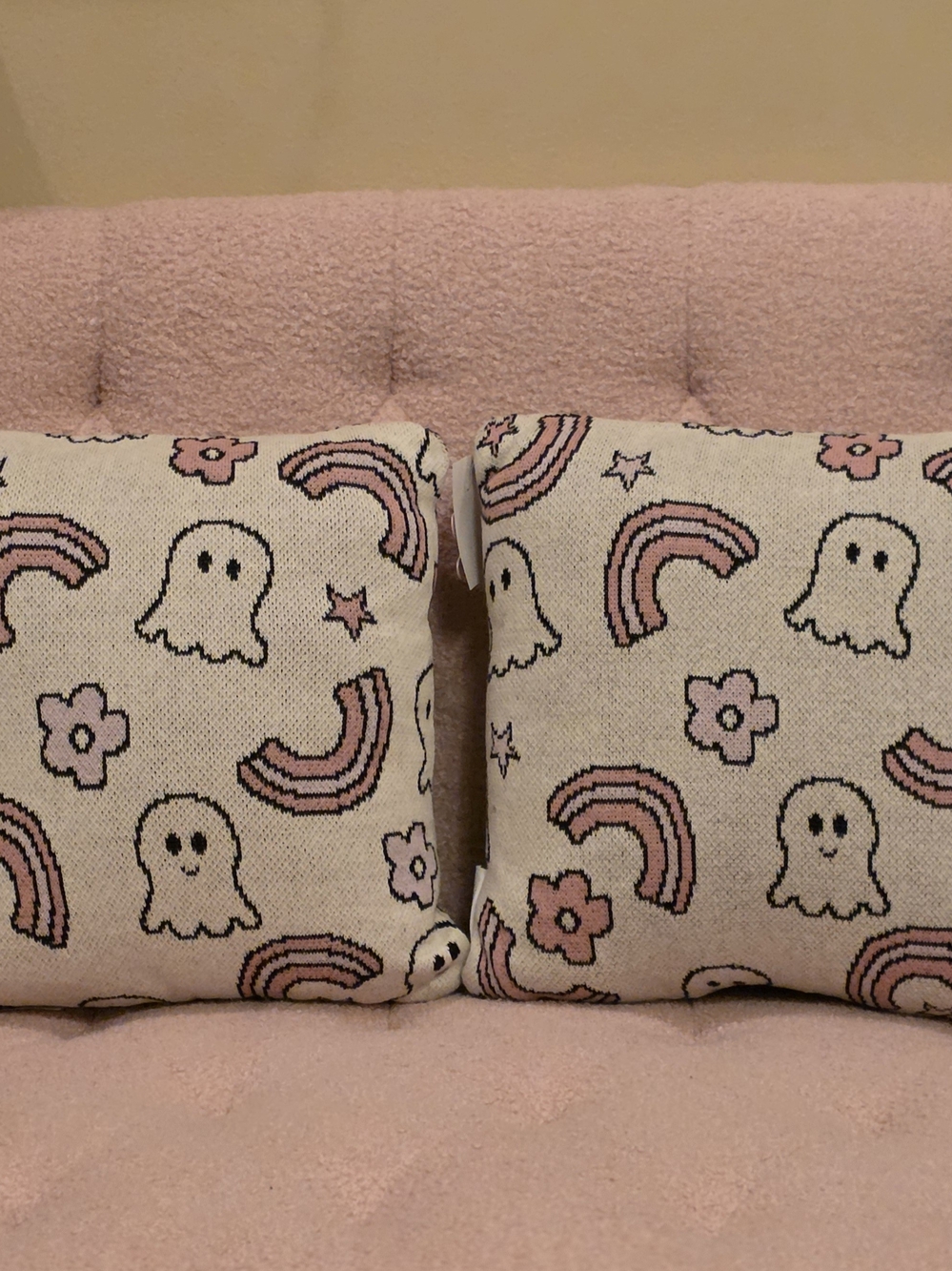 Pink Ghost & Rainbow Decorative Throw Pillow Pair